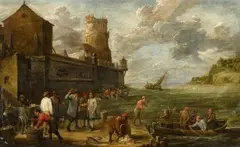 David Teniers the Younger, Southern Harbour with Returning Fishermen and Fishmonger, Oil on canvas (relined)