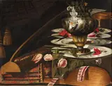 Still Life with Musical Instruments, a Vase, Carpet, and Flowers by Italian School Lombardian School, 17th century, Oil on canvas (relined), offered May 2017