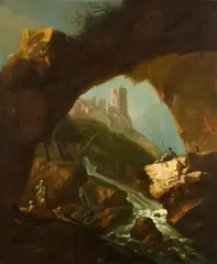 Antonio Maria Marini, Rocky Landscape with Philosophers and Soldiers, Oil on canvas (relined)