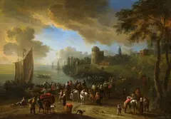 Panoramic Coastal Landscape with Merchants and Sailors by Théobald Michau, Oil on canvas (relined), offered May 2017