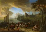 Panoramic Coastal Landscape with Merchants and Sailors by Théobald Michau, Oil on canvas (relined), offered May 2017