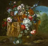 Pieter III Casteels, Flower Still Life with a Fragment of a Roman Relief, Oil on canvas (relined)