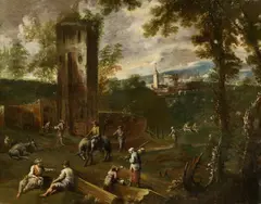 Antonio Diziani, Landscape with Figures and Ruins, Oil on canvas (relined)