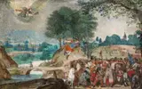 attributed to Frans Boels, Landscape with Angels appearing to Travellers, Gouache on paper, mounted on panel