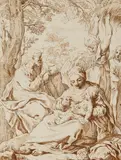 Simone Cantarini, Rest on the Flight into Egypt, Brown ink on paper with "fleur de lys" watermark (truncated)
