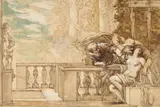 attributed to Johann Spillenberger, Susanna and the Elders, Brown ink, highlighted in white and partially tinted in watercolour