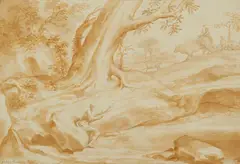 Domenico Piola, Landscape with a Shepherd Resting under a Tree, Brown wash over black chalk, mounted on laid paper