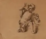 attributed to Michel Dorigny, An Alarmed Putto, Black and white chalk on tinted paper