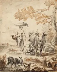 Hendrik Verschuring, Pastoral Scene with a Milkmaid, Brown ink and brown and grey wash on (watermarked) laid paper