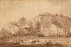 Southern Landscape with Shepherds and Ruins of a Roman Bridge by attributed to Jan Asselijn, Brown ink and grey wash on textured paper, mounted on laid paper, offered May 2017