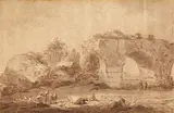 attributed to Jan Asselijn, Southern Landscape with Shepherds and Ruins of a Roman Bridge, Brown ink and grey wash on textured paper, mounted on laid paper