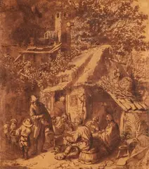 Cornelis Dusart, Hurdy Gurdy Player by a Tavern, Brown ink and wash over chalk on parchment