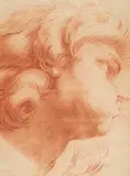 attributed to Andreas Schlüter, Head of an Angel blowing a Trumpet, Red chalk on paper