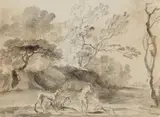 attributed to Jean-Baptiste Oudry, Rest from the Hunt, Grey wash over graphite, mounted on card