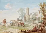 Johann Heinrich Keller, Southern Landscape with Ruins and Cattle, Watercolour on paper
