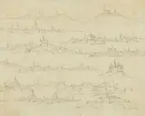 attributed to Adam Frans van der Meulen, Sketches of Various City Panoramas, Graphite on textured paper