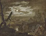 Pietro Palmieri, Moonlit Landscape with Fishermen, Black ink and black and grey wash highlighted in white on grounded paper