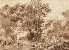 Simon Warnberger, An Italian Landscape with Water Buffalos, Brown ink and was