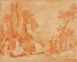 Southern Park Landscape with Classical Sculptures by in the manner of Hubert Robert, Red chalk on laid paper, offered May 2017