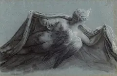 attributed to Pierre Paul Prudhon, A Genius in Flight holding Drapery, Black and white chalk on paper