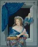 Johann Jakob Hoch, A Lady, Dog, and a Parrot seen through a Window Lady with a Sewing Box and a Parrot seen through a Window, Gouache on white grounded laid paper. Each