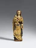 Mechelen early 16th century, An early 16th century Mechelen carved wooden figure of the Virgin and Child, Carved three-quarters in the round, the reverse flattened. The polychromy presumably original but partially overpainted. A figure of the Virgin Mary standing in balanced contrapposto, dressed in a long golden cloak. She supports the Christ Child with Her right hand, and He is shown grasping for the open book that She hands to Him. The sculpture is marked to the reverse with a painted house mark “IT” above the number “2”. Minimal wear