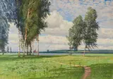 Paul Vorgang, Landschaft mit Birken und See, Oil on canvas