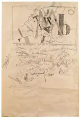 Ivan Puni, "2nd Anniversary of the Artist's Association", With the more or less easily identifiable signatures of Natan Altman, Ivan Puni, Alexander Matvejev and Juri Annenkov below the drawing. Graphite, charcoal, pencil and wax crayon on machine-made paper