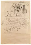 Ivan Puni, "2nd Anniversary of the Artist's Association", With the more or less easily identifiable signatures of Natan Altman, Ivan Puni, Alexander Matvejev and Juri Annenkov below the drawing. Graphite, charcoal, pencil and wax crayon on machine-made paper