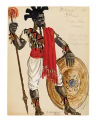 Valentina Mihajlovna Hodasevič, "Raymonda IV act. Two Men", With additional annotations to the costumes. Gouache, silver paint and gold-bronze paint over pencil on drawing paper