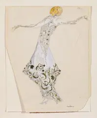 Natalia Goncharova, "Phoenix", Pencil, watercolour, flake white, gold-bronze and blue-silver paint on machine-made laid paper watermarked "ARCHES"