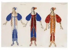 Probably Léon (Lev Samoylovich or Laib-Chaim Israelevich Rosenberg) Bakst, "Orphée I acte Jeunes Filles conduissant Eurydice au Temple", With an inventory number in pencil to the reverse. Gouache, silver and gold-bronze paint, partially fixed with gum arabic, over pencil on machine-made laid paper, laid down on thin card