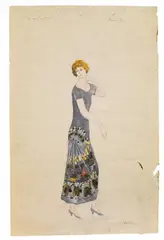 Natalia Goncharova, "Premiers Fleurs", Fashion design. Inscribed to the reverse "PREMIERES FLEURS" in charcoal and "3" in pencil. Gouache and silver paint over pencil on slightly yellowed wove paper