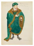 "William Tell. Gessler's Retinue" by Valentina Mihajlovna Hodasevič, Upper right approved, lower left inscribed "N 5 / 1 piece". Costumes described on verso. Gouache and gold-bronze paint o, offered May 2017