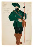 "William Tell. Hunter" by Valentina Mihajlovna Hodasevič, Upper left: "II. act / no. 29 / employees / 7 identical costumes". Upper right "7 costumes". Costume description: "Flann, offered May 2017