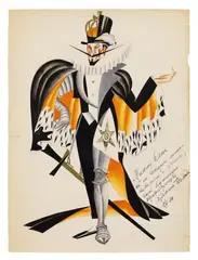 Probably Valentina Khodasevich, Untitled (Costume Design for Lucifer?), With a dedication in ink: "Dear Sasha, from his old colleague and pupil, who is now gaining success (...) 8/II-30". Gouache, gold-bronze paint, fixed metallic dust on machine-made, slightly yellowed laid paper