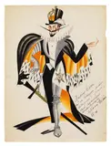 Probably Valentina Khodasevich, Untitled (Costume Design for Lucifer?), With a dedication in ink: "Dear Sasha, from his old colleague and pupil, who is now gaining success (...) 8/II-30". Gouache, gold-bronze paint, fixed metallic dust on machine-made, slightly yellowed laid paper