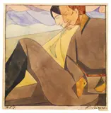 Konstantin Konstantinovich Chebotarev, Untitled (Couple), A seated couple before rolling hills, possibly a self portrait with the artist's wife. Watercolour with gum arabic over pencil on thin, machine-made paper mounted on grey paper and card