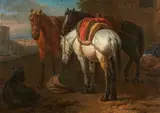 Pieter van Bloemen, Horses in a Landscape Shepherd with his Flock, Oil on panel. Each