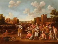 Cornelis Droochsloot, Guards Conversing with Beggars before a City Wall, Oil on panel