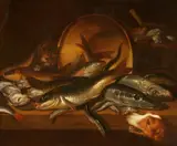Isaac van Duynen, Still Life with Fish, a Dog, and a Cat, Oil on canvas (relined)