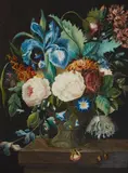 attributed to Jan van Huysum, Floral Still Life with a Blue Iris, Peonies, Pinks, and Morning Glory, Watercolour, mounted on thin card