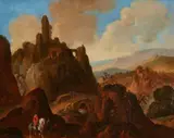 Dutch School 18th century, Mountainous Landscape with a Horseman and Ramblers, Oil on panel