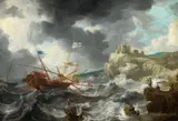 attributed to Jan Peeters, Ships in Stormy Seas by a Rocky Coastline, Oil on canvas (relined)