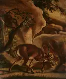 A Lynx attacking a Stag by Johann Elias Ridinger, Oil on paper, mounted on hardboard, offered Mar 2017