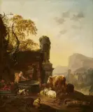 A Shepherd Family and their Herd by a Well by copy after Johann Heinrich Roos, Oil on canvas (relined), sold Mar 2017