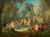 copy after Antoine Watteau, Fête Galante with Blind Man's Buff Fête Galante with Courtly Dancing, Oil on panel. Each