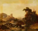 Jacques Raymond Brascassat, River Landscape with Castle Ruins and Cattle, Oil on canvas (relined)