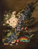 Modeste Carlier, Still Life with Roses and Grapes in a Basket, Peaches, and Currants, Oil on canvas (relined)