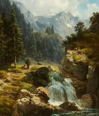 Ludwig Correggio, Mountain Landscape with a Waterfall, Oil on canvas (relined)